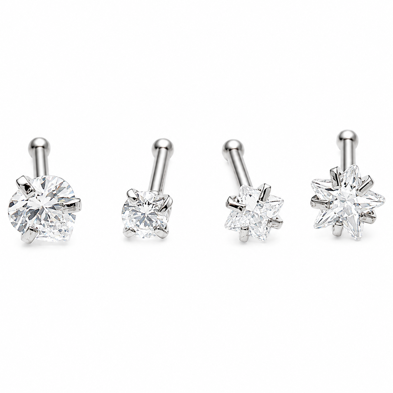 Set of 4 - Nose Stud CZ Star, Circle, Square, & Heart 20g