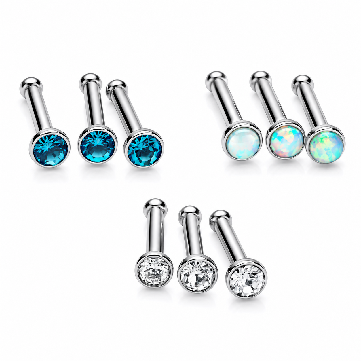 9-Set Opal & CZ Steel Nose Studs 20g