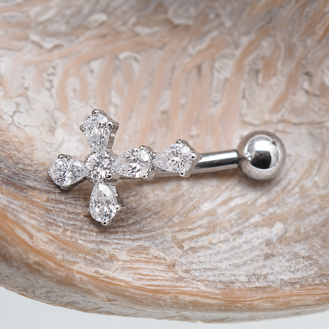 Titanium Cross Floating Belly Ring 14g by Body Clickers, showcasing a stylish, adjustable belly jewelry piece with a floating cross design.