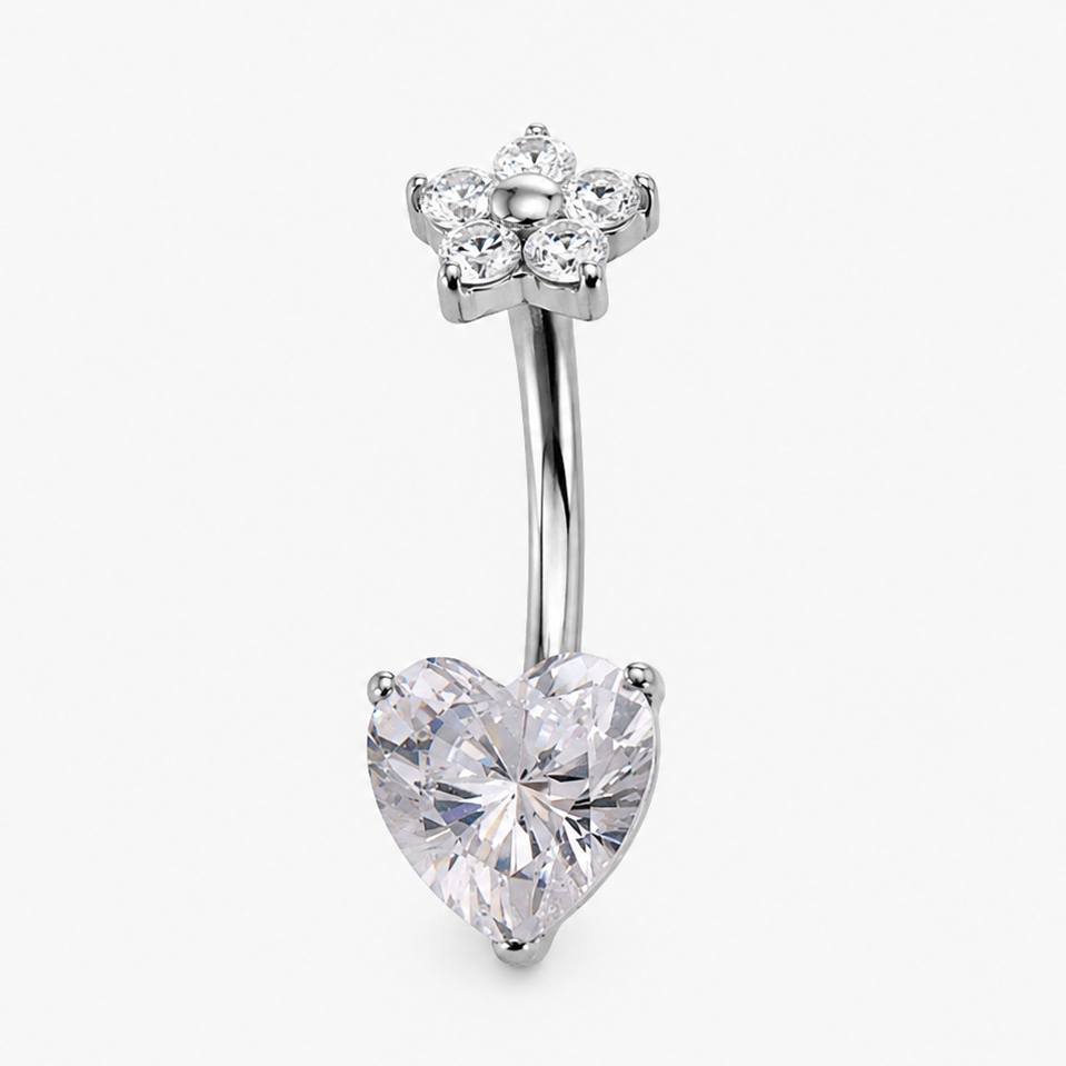 Titanium heart and butterfly-shaped CZ belly button ring from Body Clickers, 14g body jewelry with decorative design.