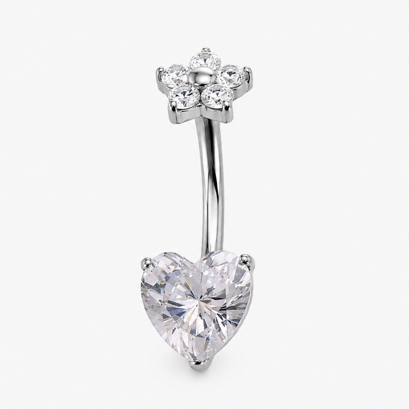 Titanium heart and butterfly-shaped CZ belly button ring from Body Clickers, 14g body jewelry with decorative design.