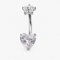 Titanium Heart Flower CZ belly ring with butterfly design and gemstones, 14g body jewelry for navel piercing.