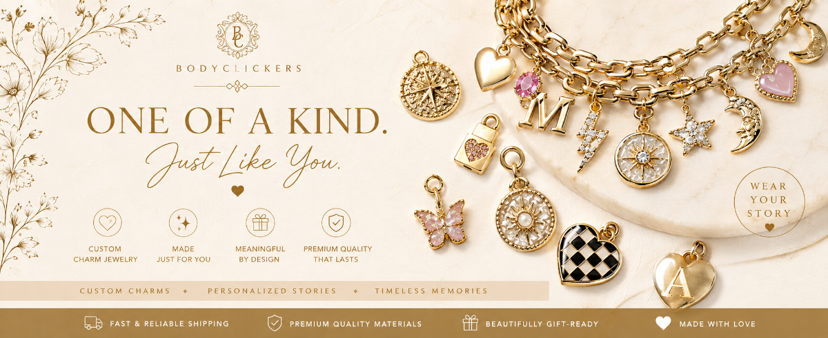 A promotional banner for Bodycickers personalized charm jewelry, featuring a gold chain bracelet with heart, moon, and star charms on a cream background with elegant typography and product details.