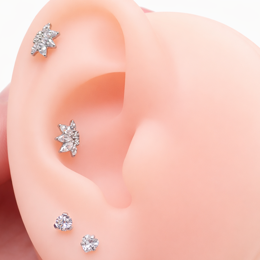 Implant Titanium CZ Lotus Leaf Flatback Piercing, Internally Threaded 18g, 16g, 14g