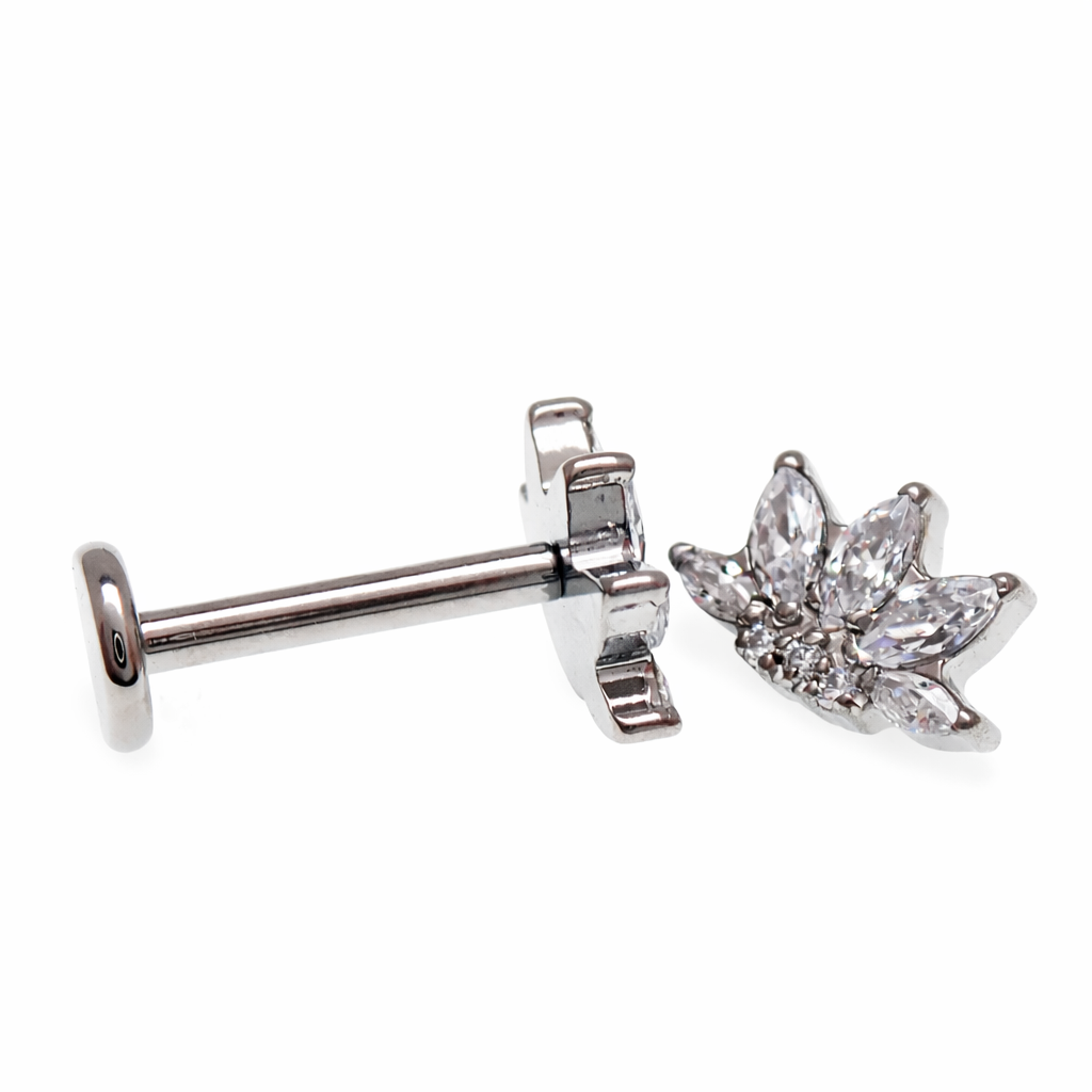 Implant Titanium CZ Lotus Leaf Flatback Piercing, Internally Threaded 18g, 16g, 14g