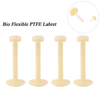 Four bio flexible PTFE labrets on a white background with an inset showing a close-up.