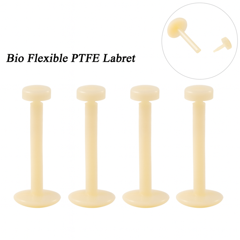 Four bio flexible PTFE labrets on a white background with an inset showing a close-up.