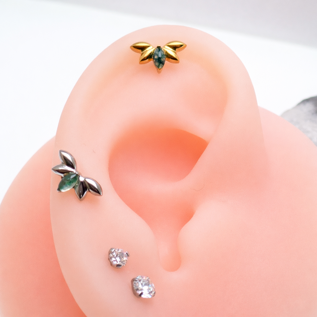 Implant Titanium Moss Agate Flatback Piercing, Internally Threaded 18g, 16g, 14g