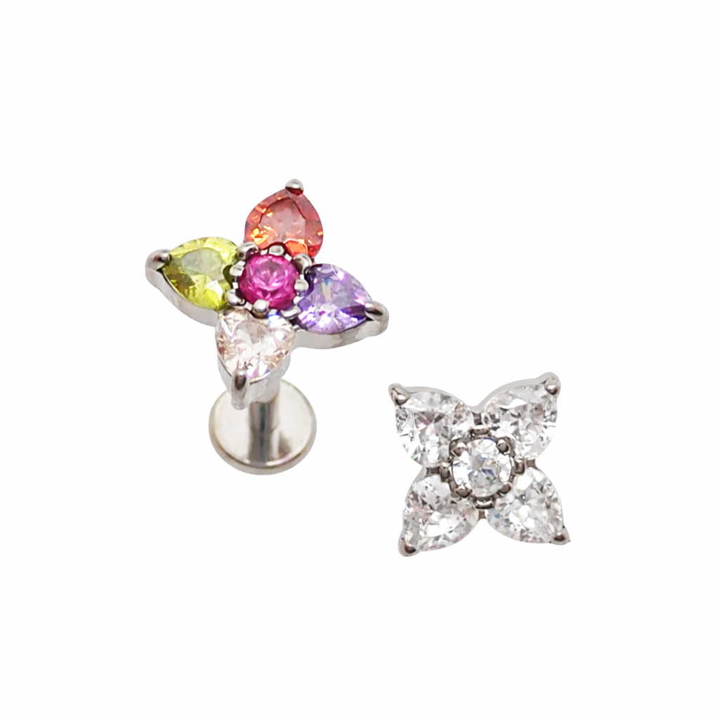 CZ Flower Titanium Flatback/ Labret Piercing 18g, 16g, 14g
