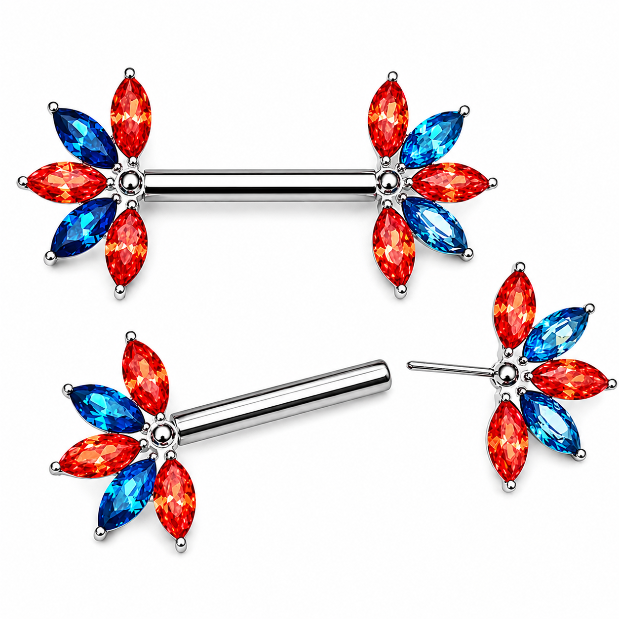Orange & Blue CZ Flower Titanium Nipple Bar 12g, 16g, 14g