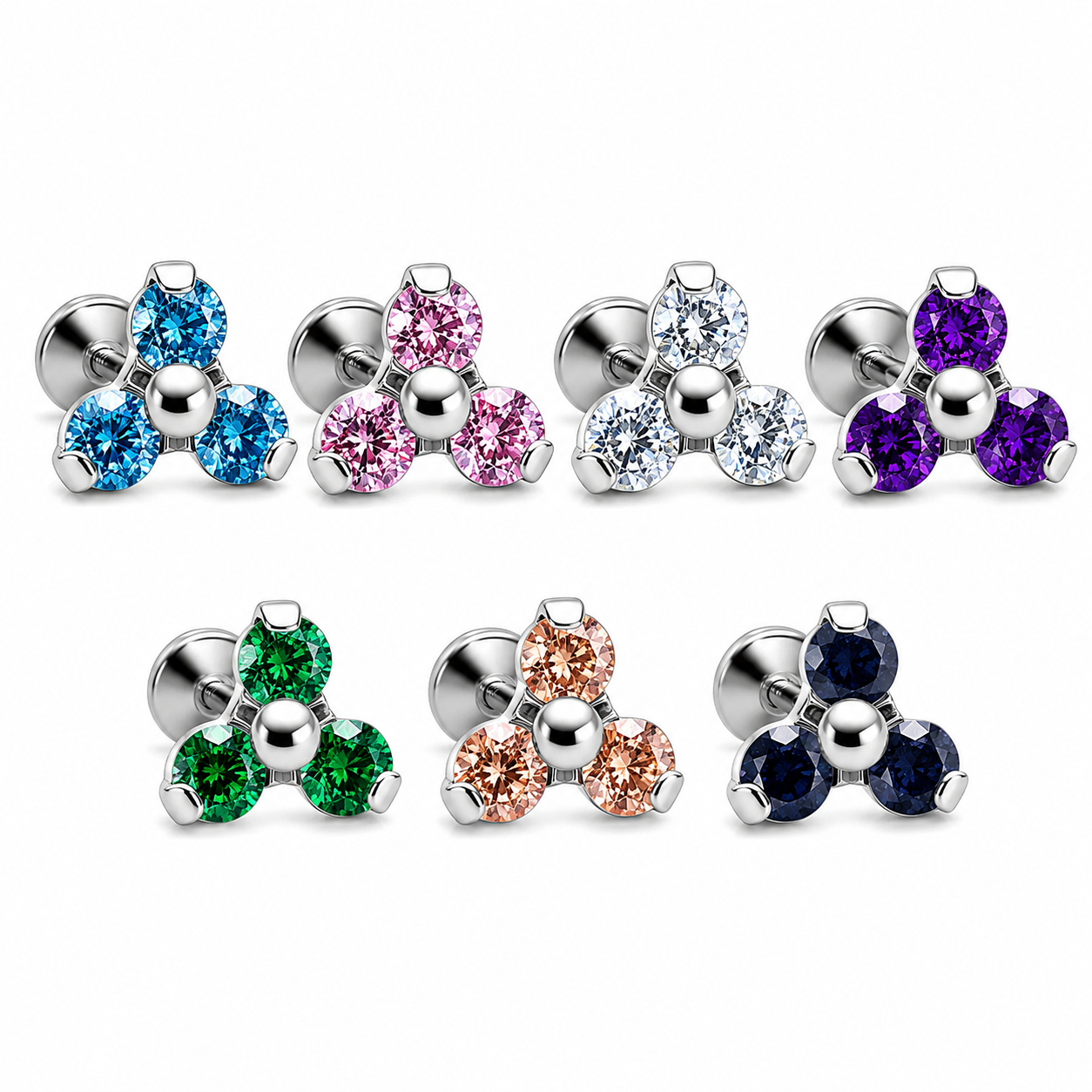 Titanium Trinity CZ Flat Back Piercing 18g, 16g, 14g
