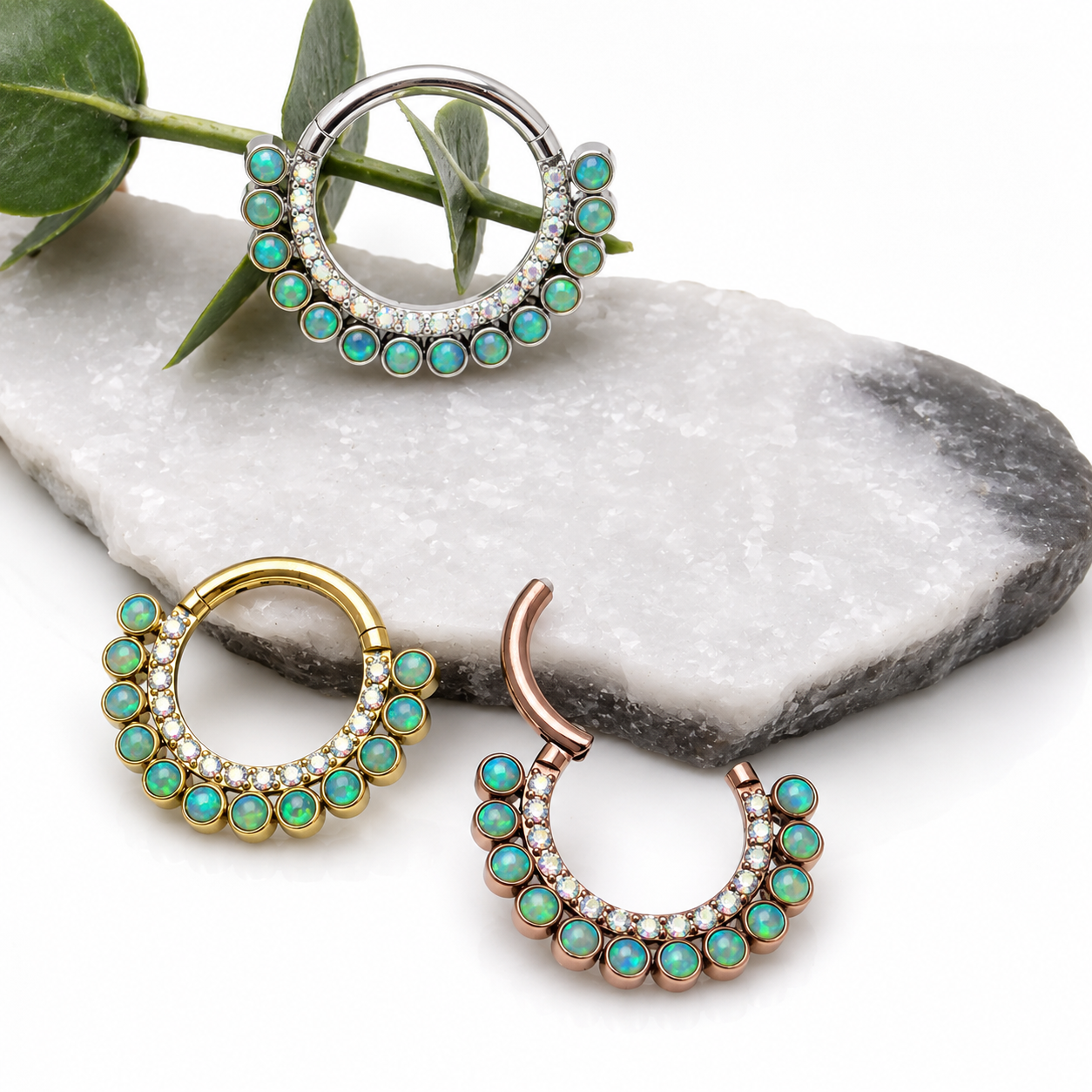 Titanium Kiwi Opal & CZ  Clicker 16g Septum/Daith