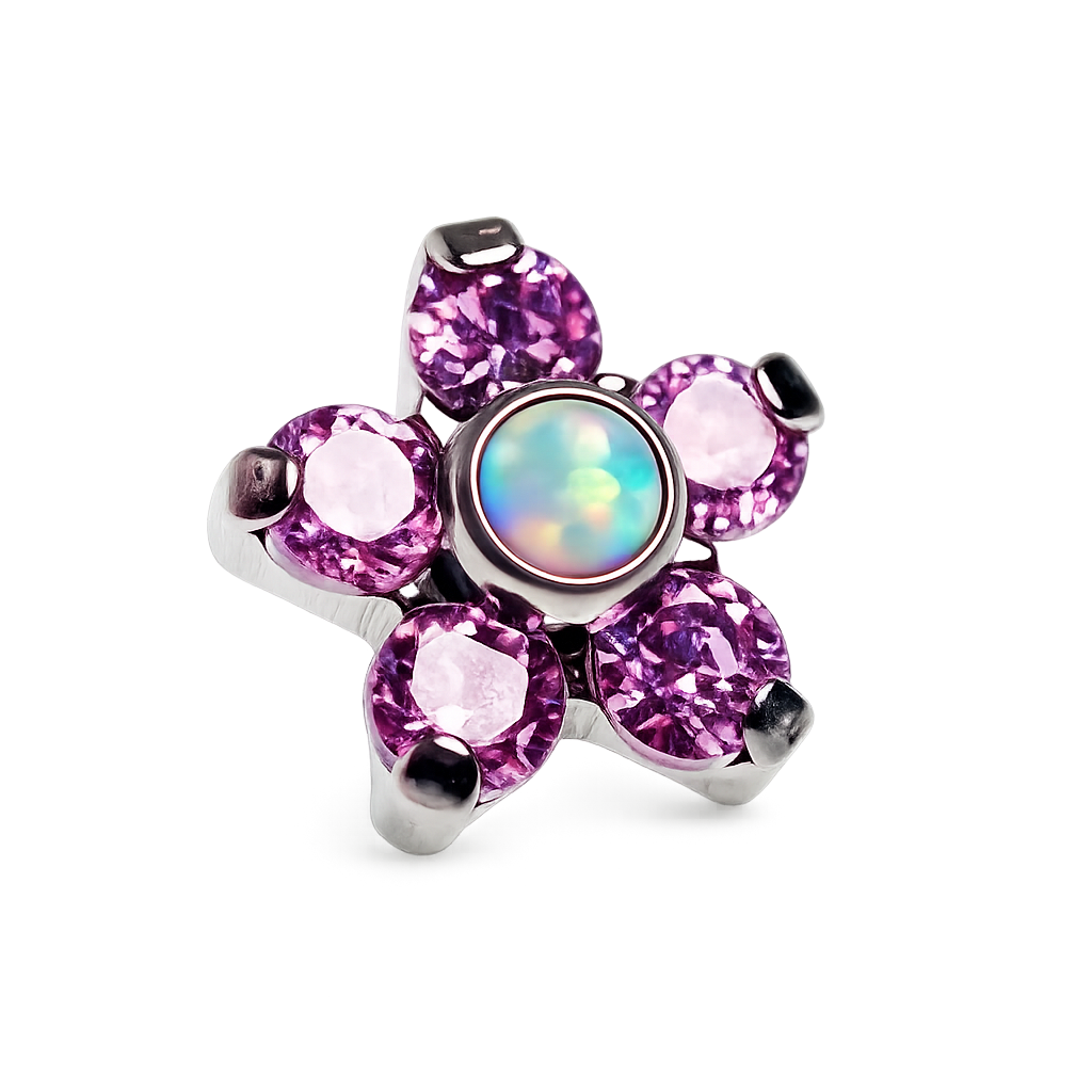 Pink CZ and opal flower body jewelry attachment with 16g gauge from Body Clickers, featuring sparkling stones and floral design.