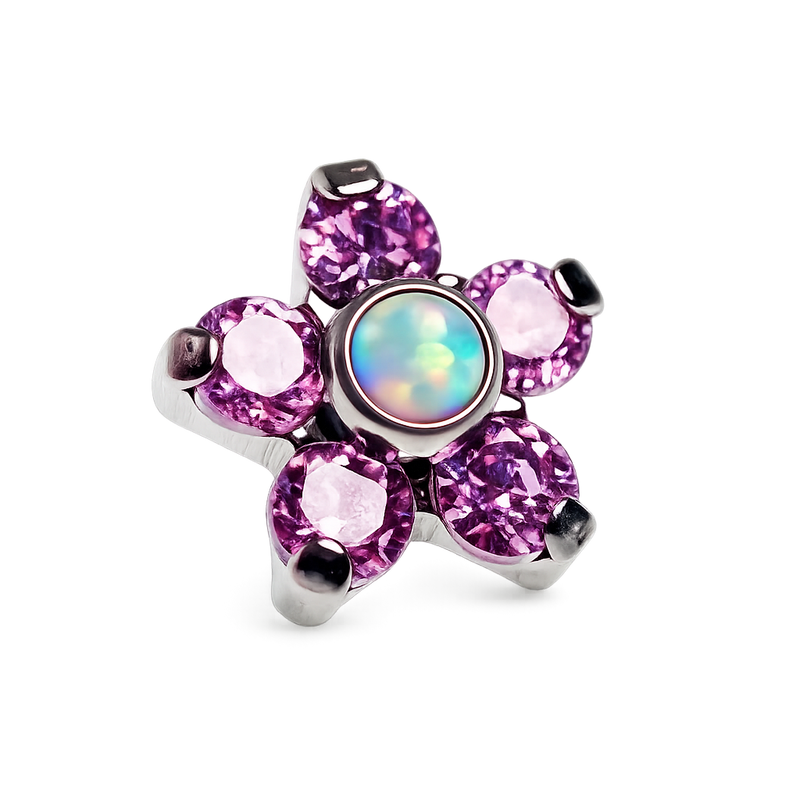 Pink CZ and opal flower body jewelry attachment with 16g gauge from Body Clickers, featuring sparkling stones and floral design.