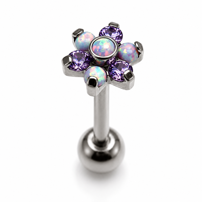 Purple flower opal tongue piercing in 14g body jewelry with a floral design and vibrant purple gemstone.