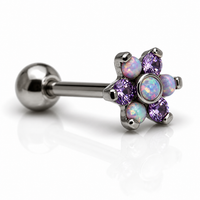 Purple flower opal 14g tongue piercing by Body Clickers Body Jewelry, showcasing a vibrant floral design with a sparkling opal gemstone.