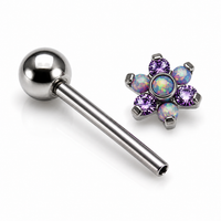 Purple flower-shaped opal tongue piercing in 14g body jewelry, featuring a vibrant purple flower design.