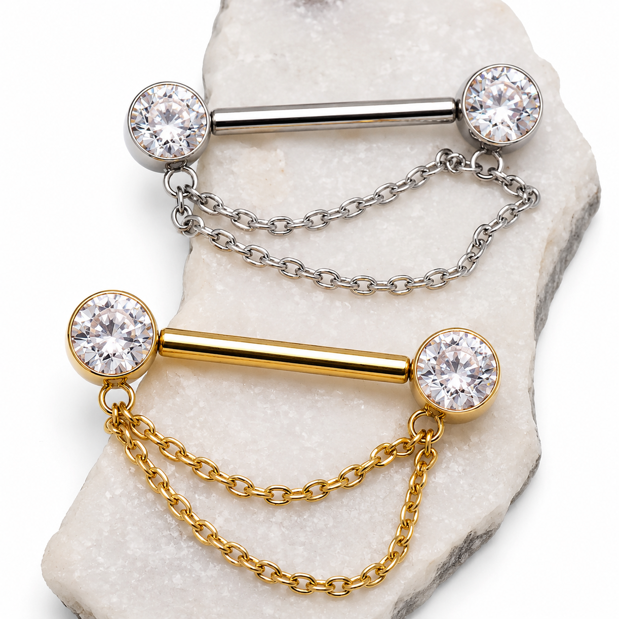 CZ Double Chain Titanium Nipple Bar 16g, 14g, 12g