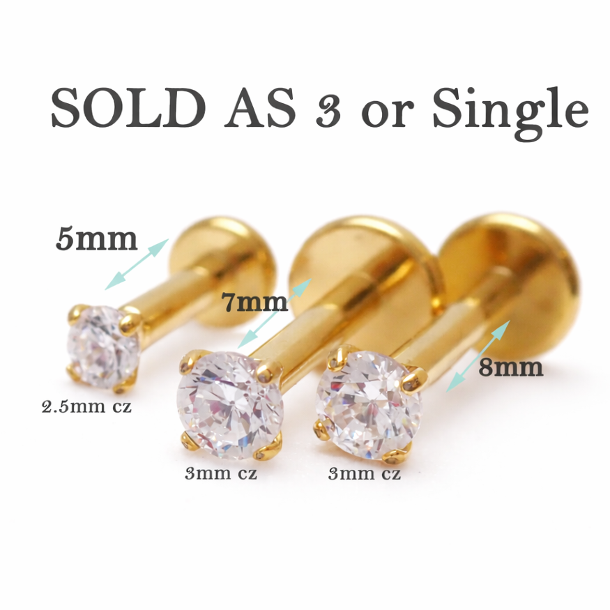 PVD Gold Titanium Internally Threaded Labret Studs – 3 Pack | 16G Flatback Piercing