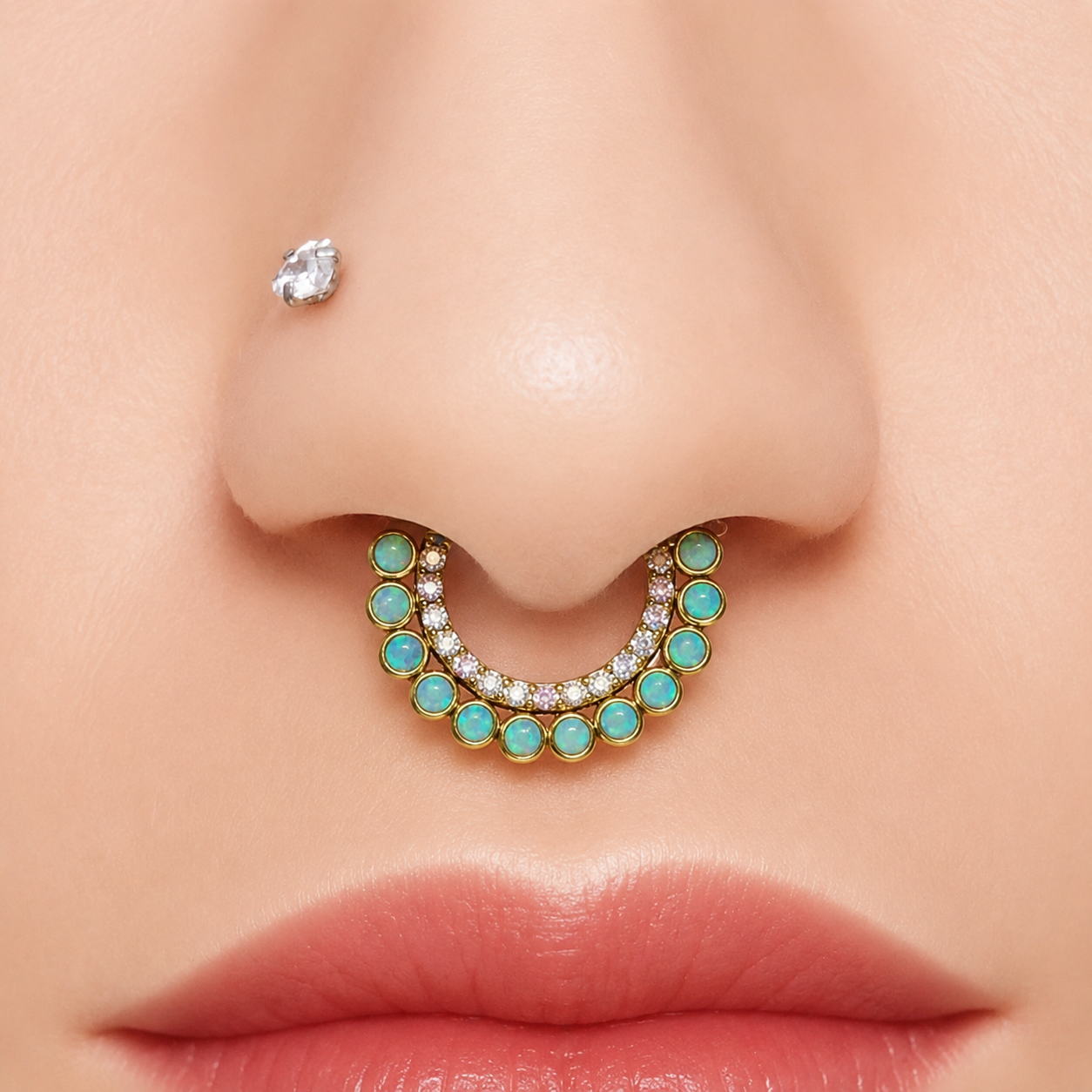 Titanium Kiwi Opal & CZ  Clicker 16g Septum/Daith