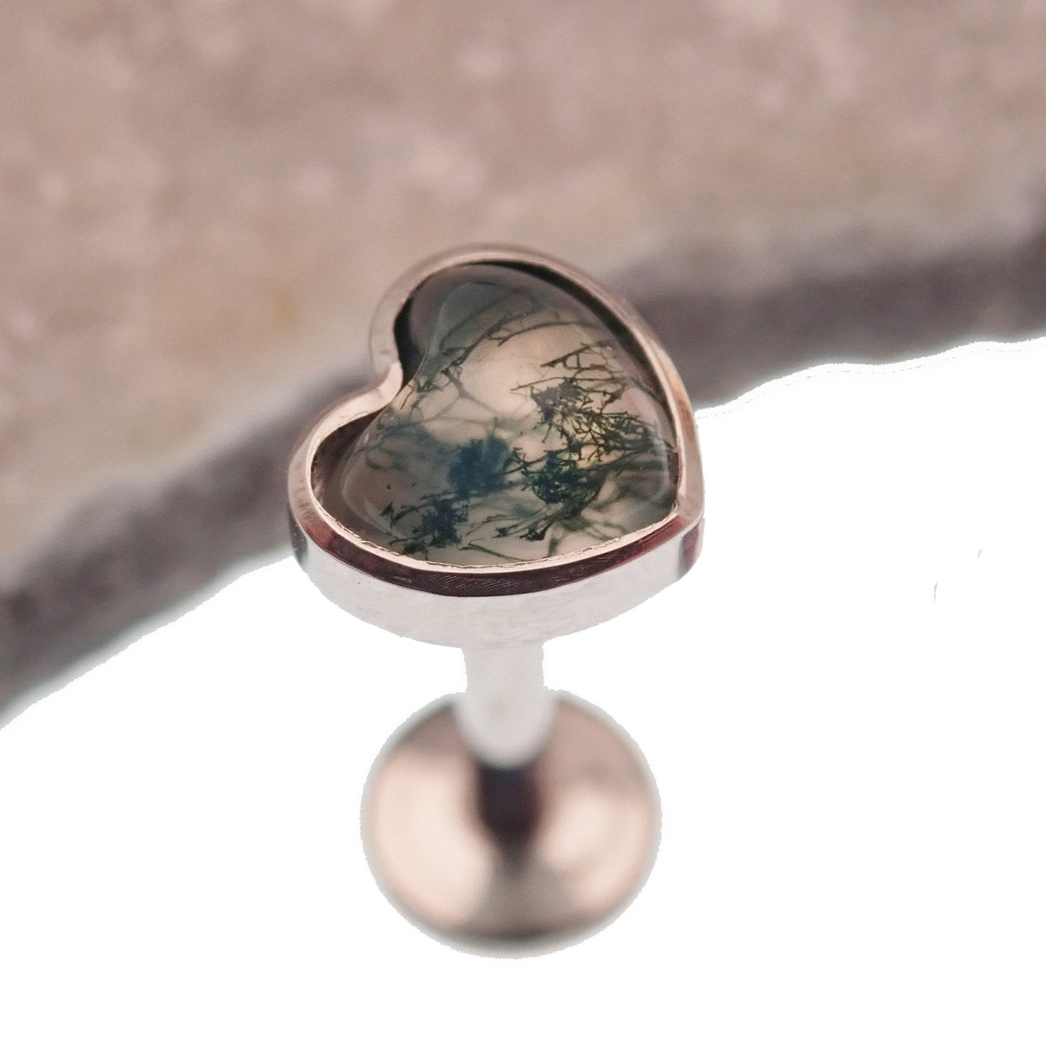 Semi - Precious Moss Agate Heart Titanium Flatback Piercing - Body Clickers Body Jewelry