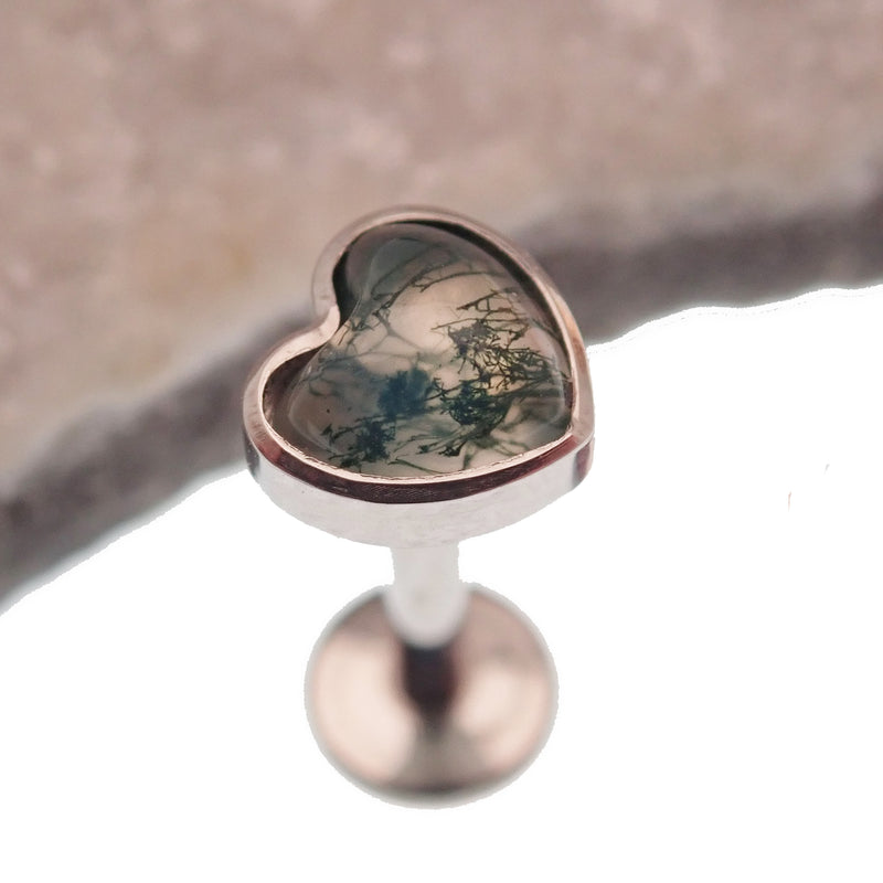 Semi-Precious Moss Agate Heart Titanium Flatback Piercing