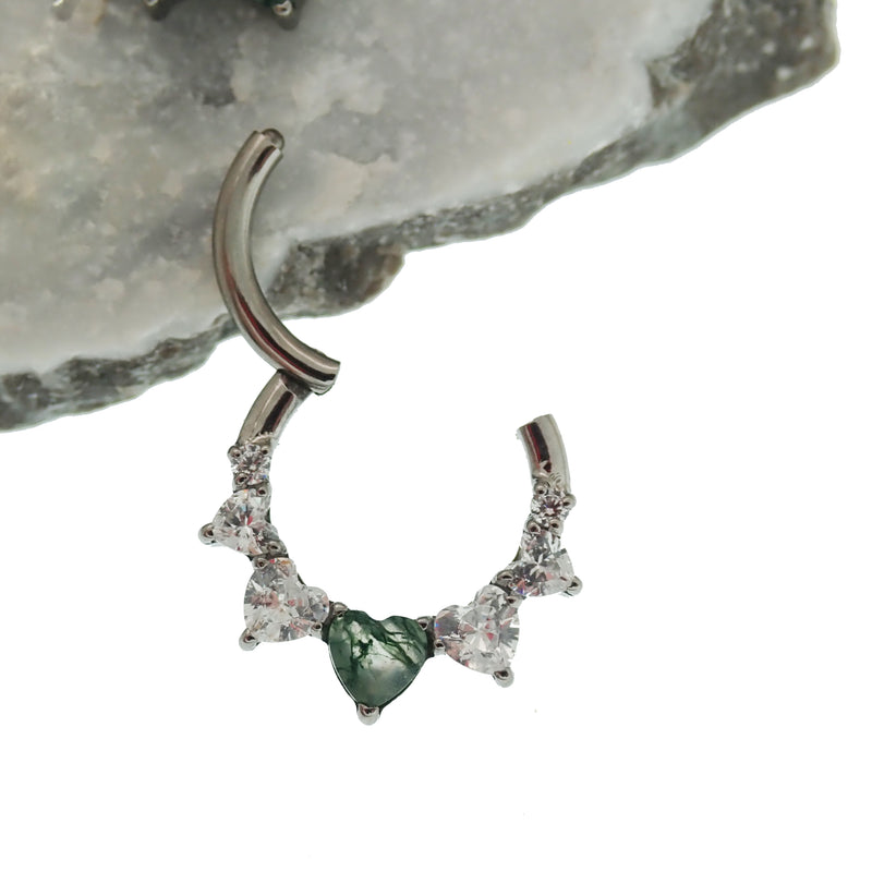 Moss Agate & CZ Heart Hinged clicker 16g