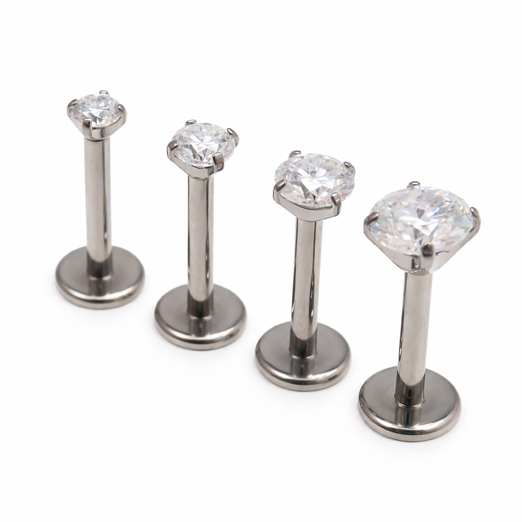 MOISSANITE- Implant Titanium Flatback piercing, 18g/16g/14g- Internally Threaded- 0.9mm thread