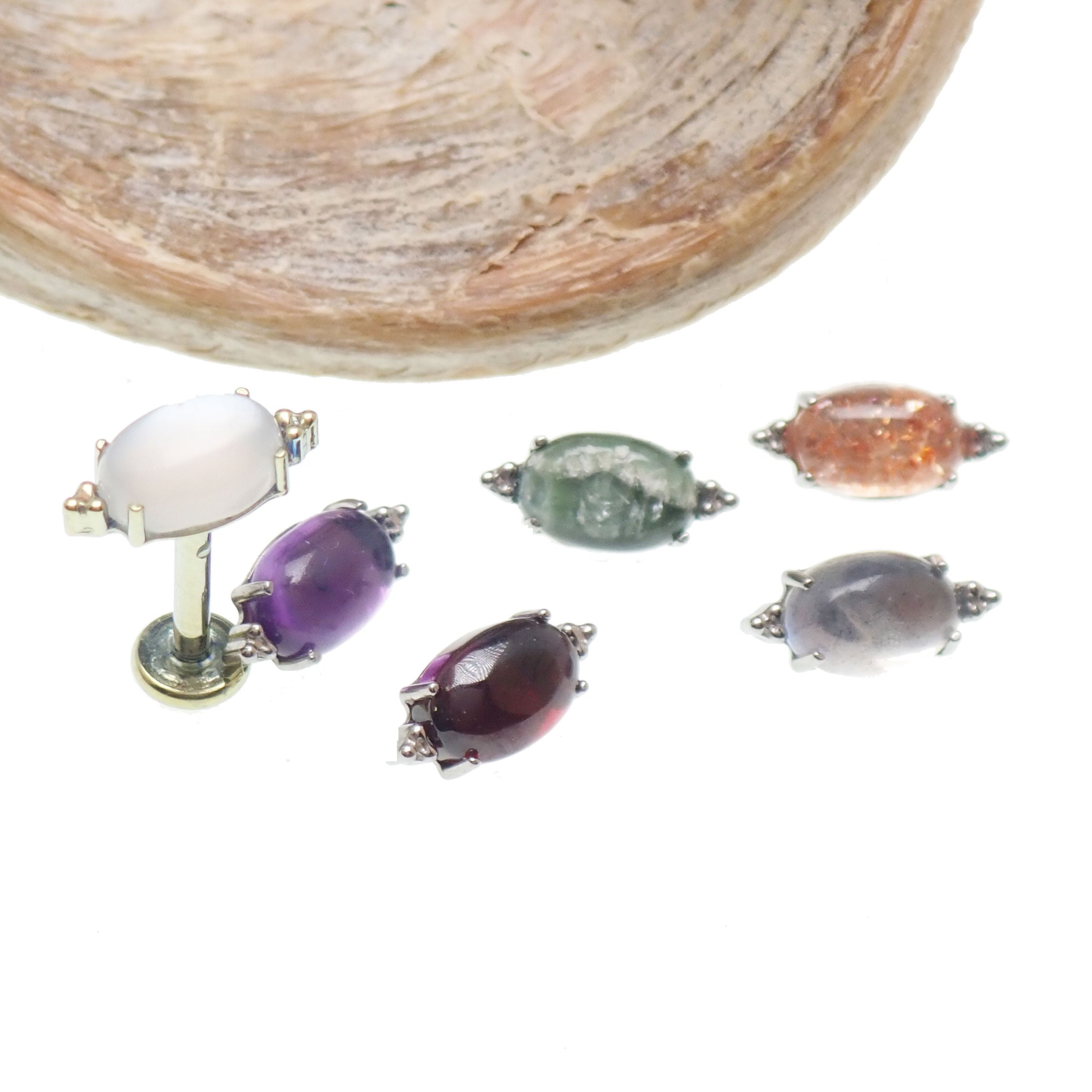 Natural Stone Oval Titanium Flatback/ Labret Piercing 18g, 16g, 14g