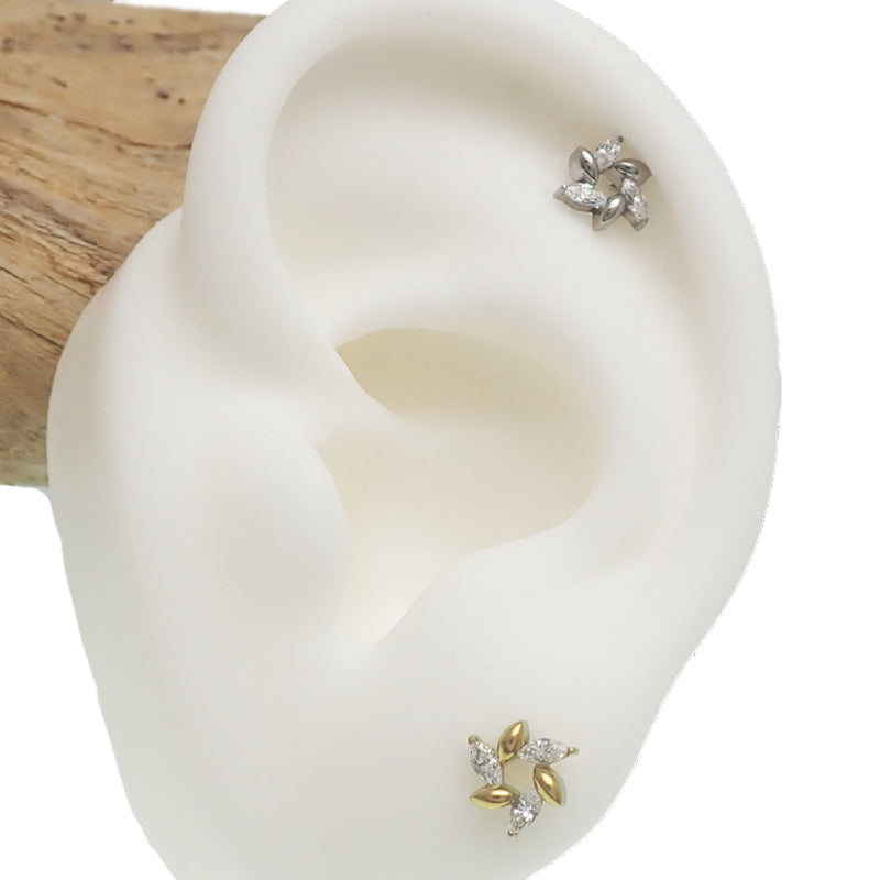 Clear CZ Flower Petal Spiral Titanium Flatback Earring 18g, 16g, 14g