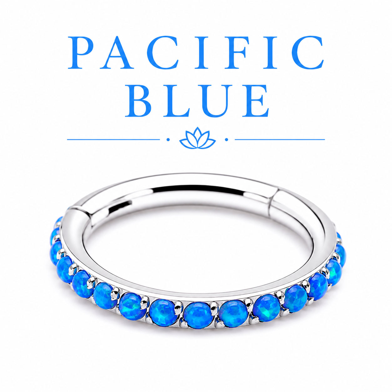 Silver ring with blue stones on a white background with 'Pacific Blue' branding.