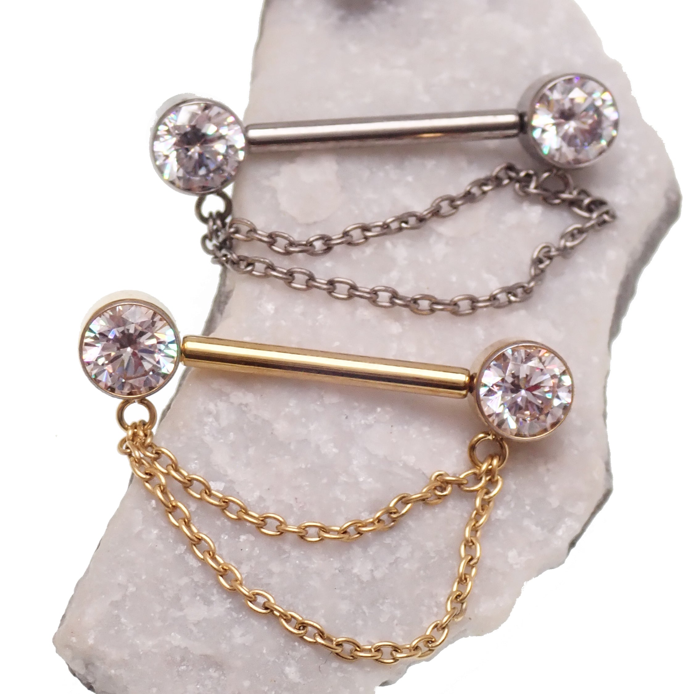 CZ Double Chain Titanium Nipple Bar 16g, 14g, 12g