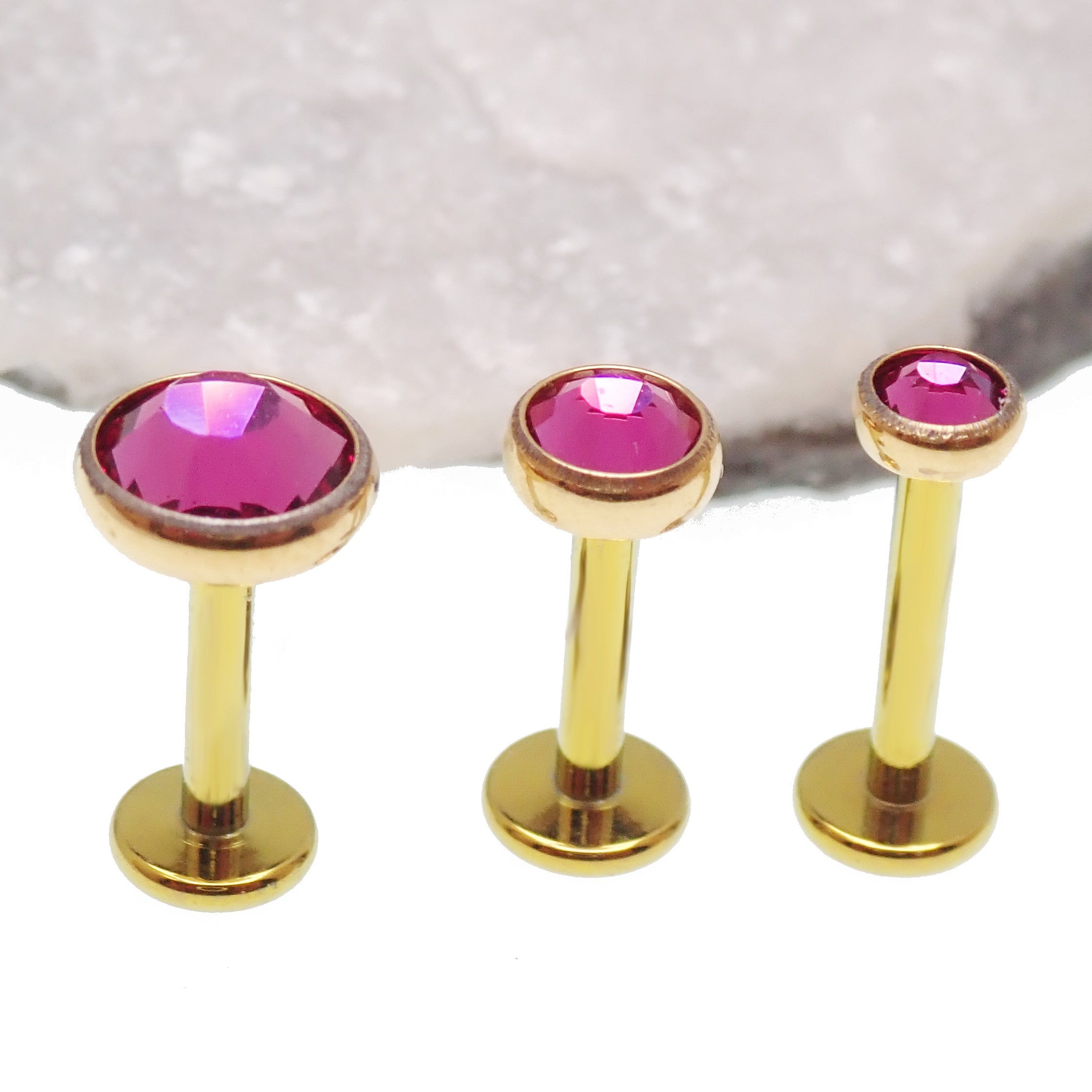 PVD Gold Clear CZ, Cerise, AB Rainbow Internally Threaded Implant Titanium Flatback Piercing- 18g, 16g, 14g