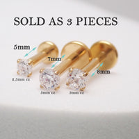 PVD Gold Titanium Internally Threaded Labret Studs – 3 Pack | 16G Flatback Piercing