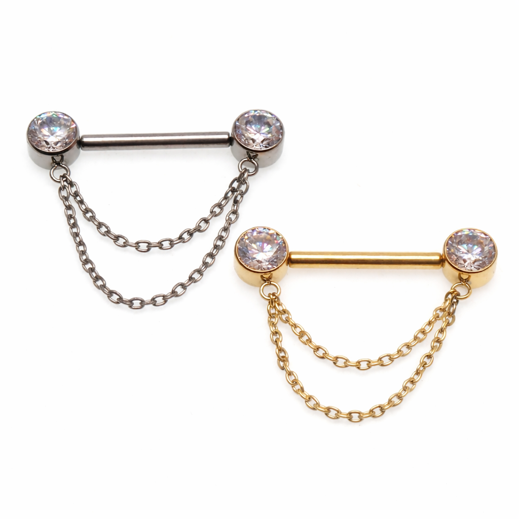 CZ Double Chain Titanium Nipple Bar 16g, 14g, 12g