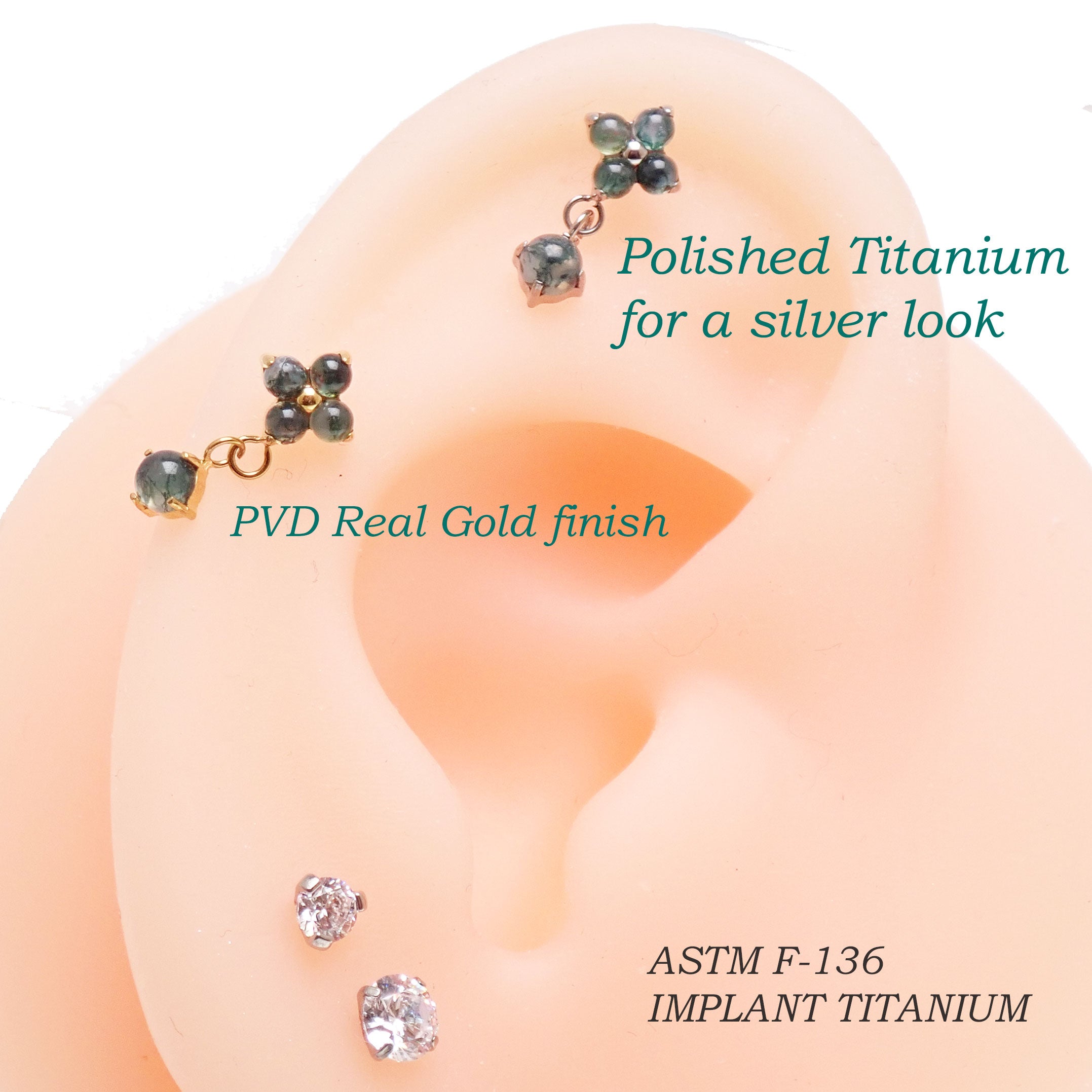 Implant Titanium Moss Agate Flatback Piercing, Internally Threaded 18g, 16g, 14g