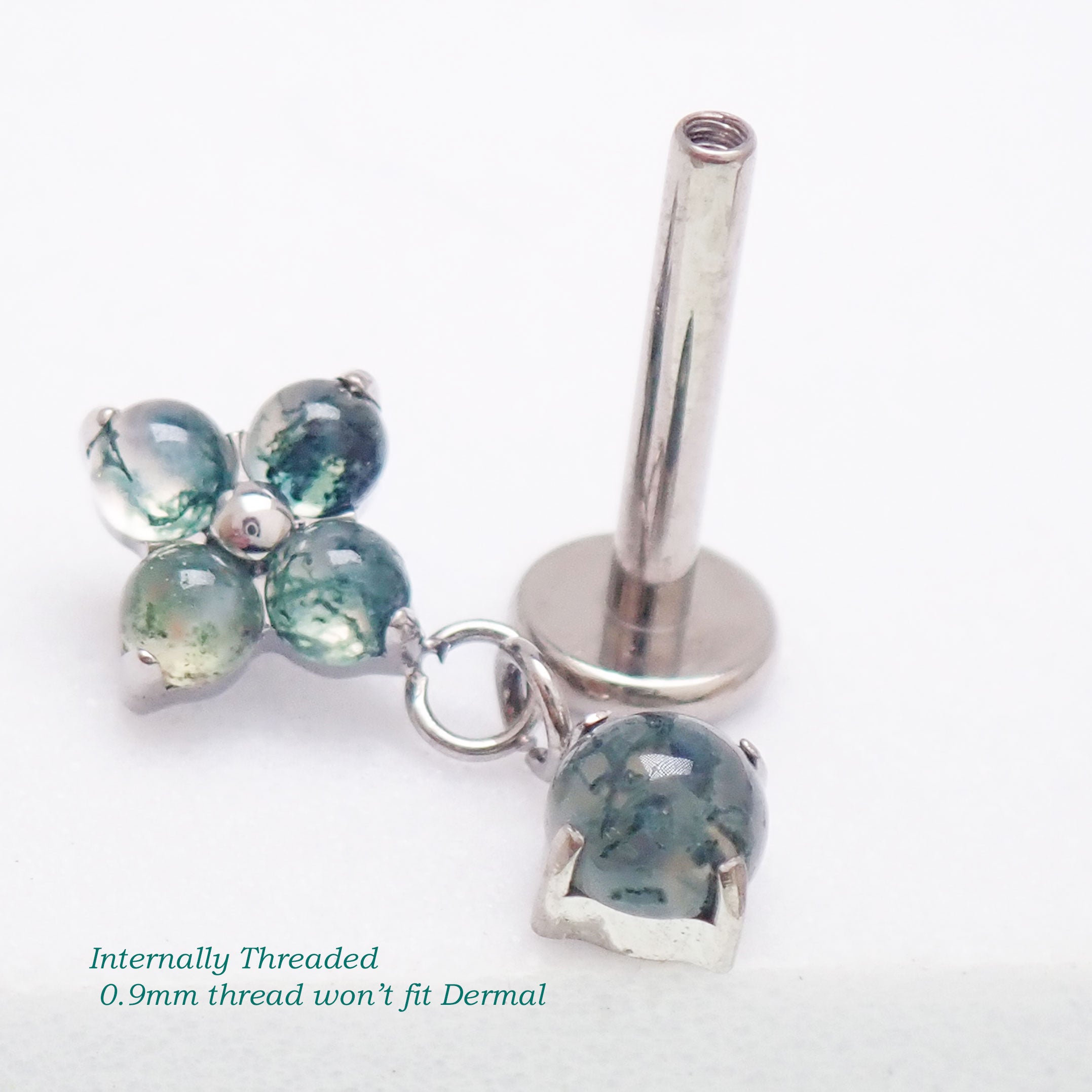 Implant Titanium Moss Agate Flatback Piercing, Internally Threaded 18g, 16g, 14g