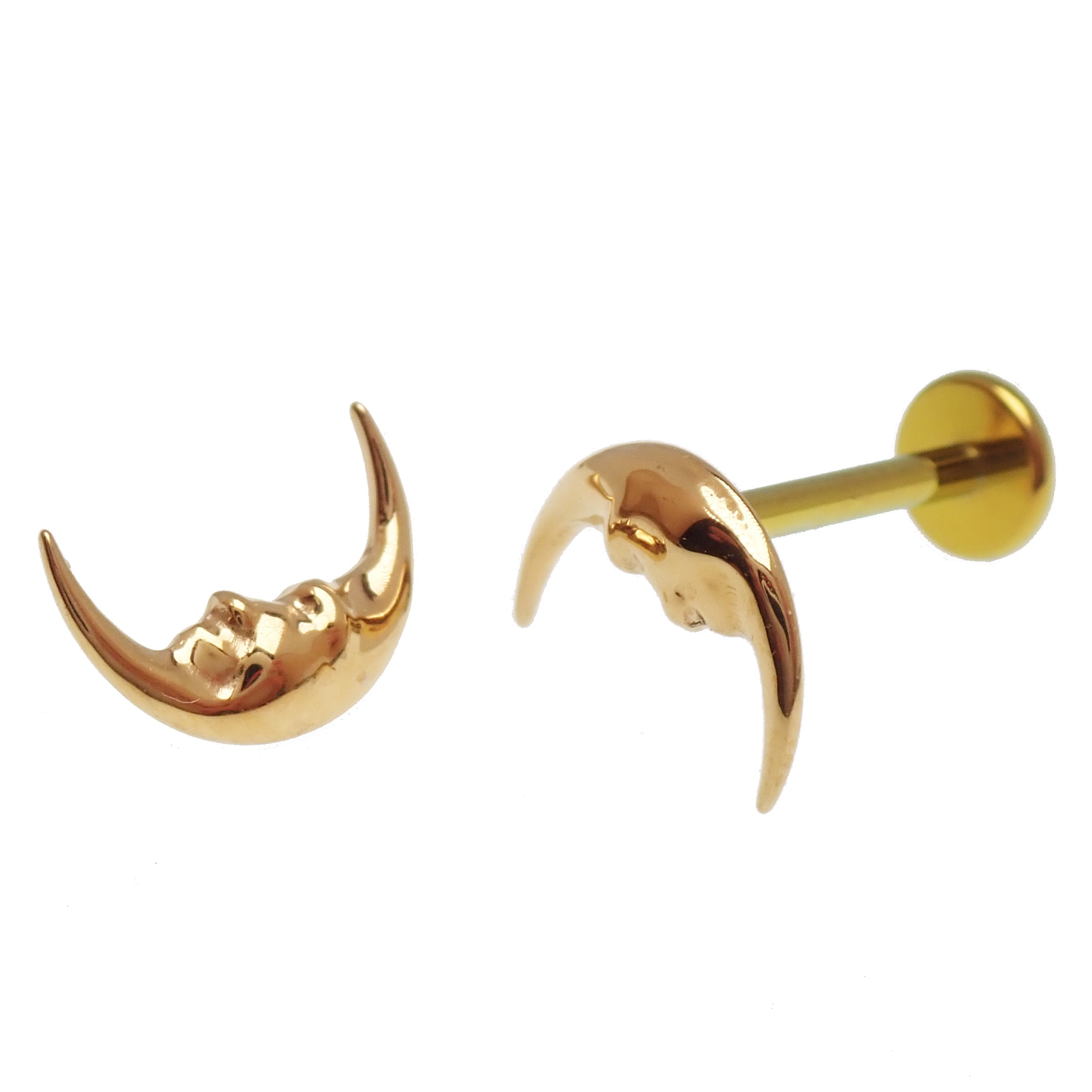 Implant Titanium PVD Gold  Moon Face Flatback Piercing, Internally Threaded 18g, 16g, 14g