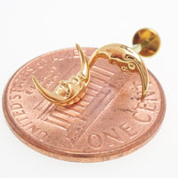 Implant Titanium PVD Gold  Moon Face Flatback Piercing, Internally Threaded 18g, 16g, 14g