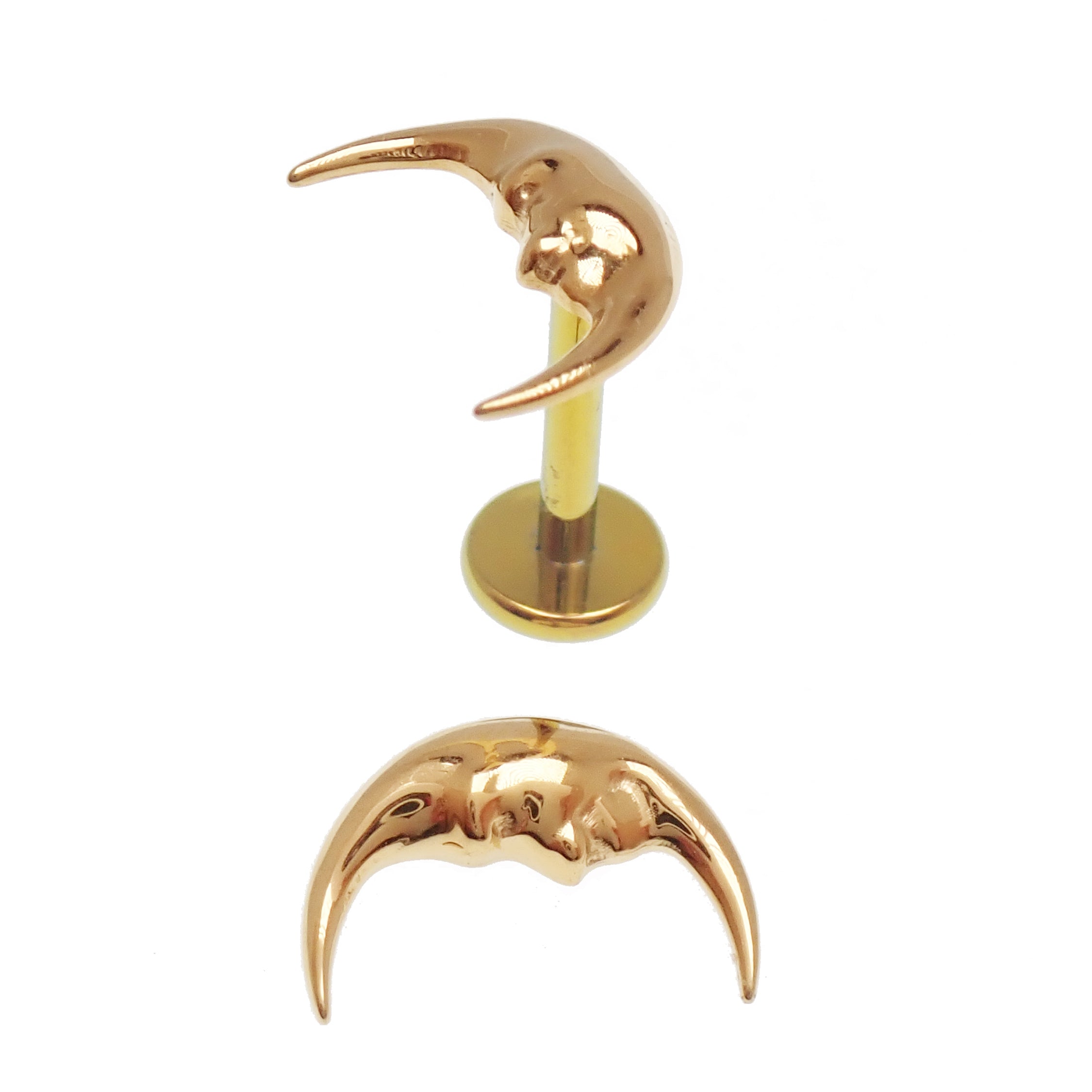Implant Titanium PVD Gold  Moon Face Flatback Piercing, Internally Threaded 18g, 16g, 14g