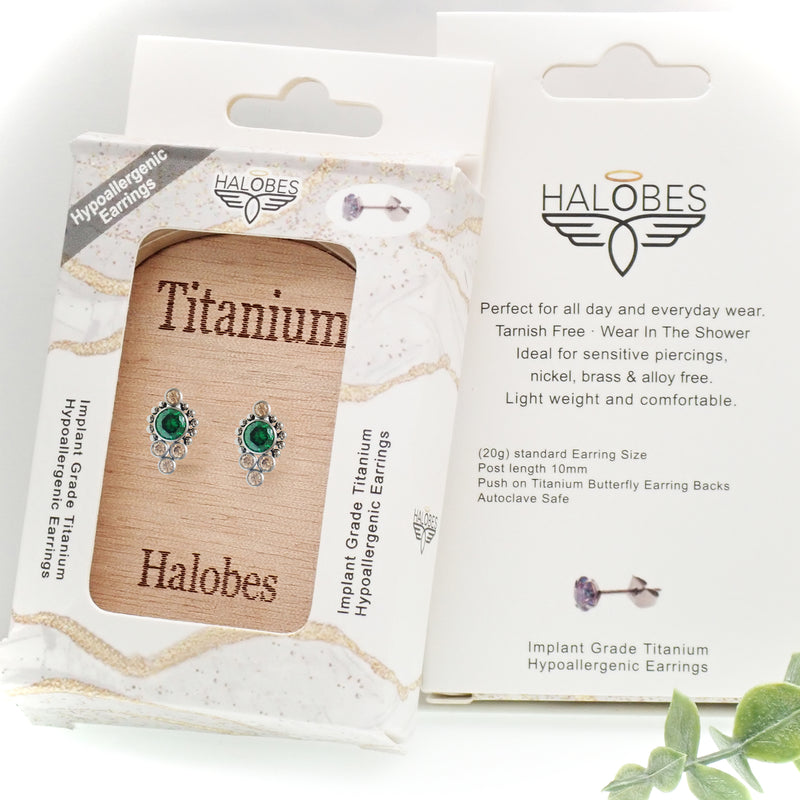 Titanium Emerald  & Champagne Beaded Earrings