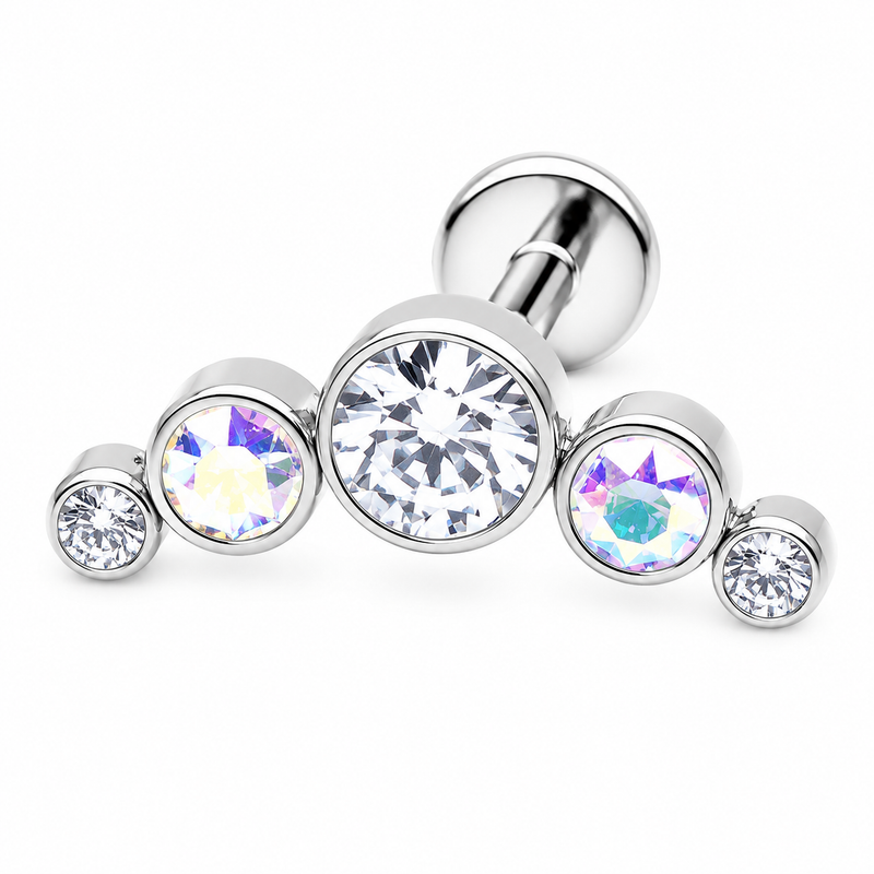 Silver earring with clear and multicolored gemstones on a white helix piercing titanium
