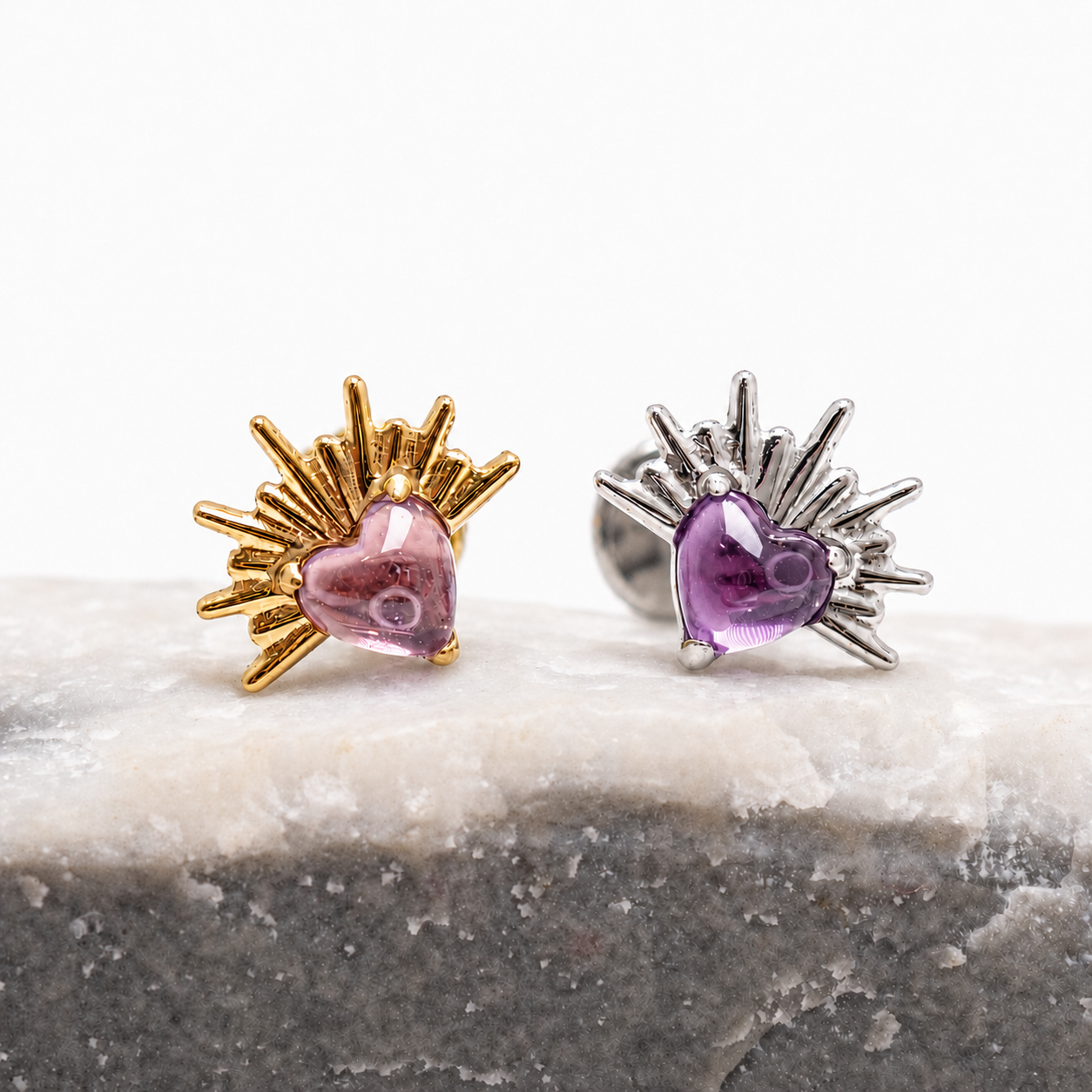 Implant Titanium Amethyst Sun Flatback Piercing, 18g/16g/14g- 0.9mm thread