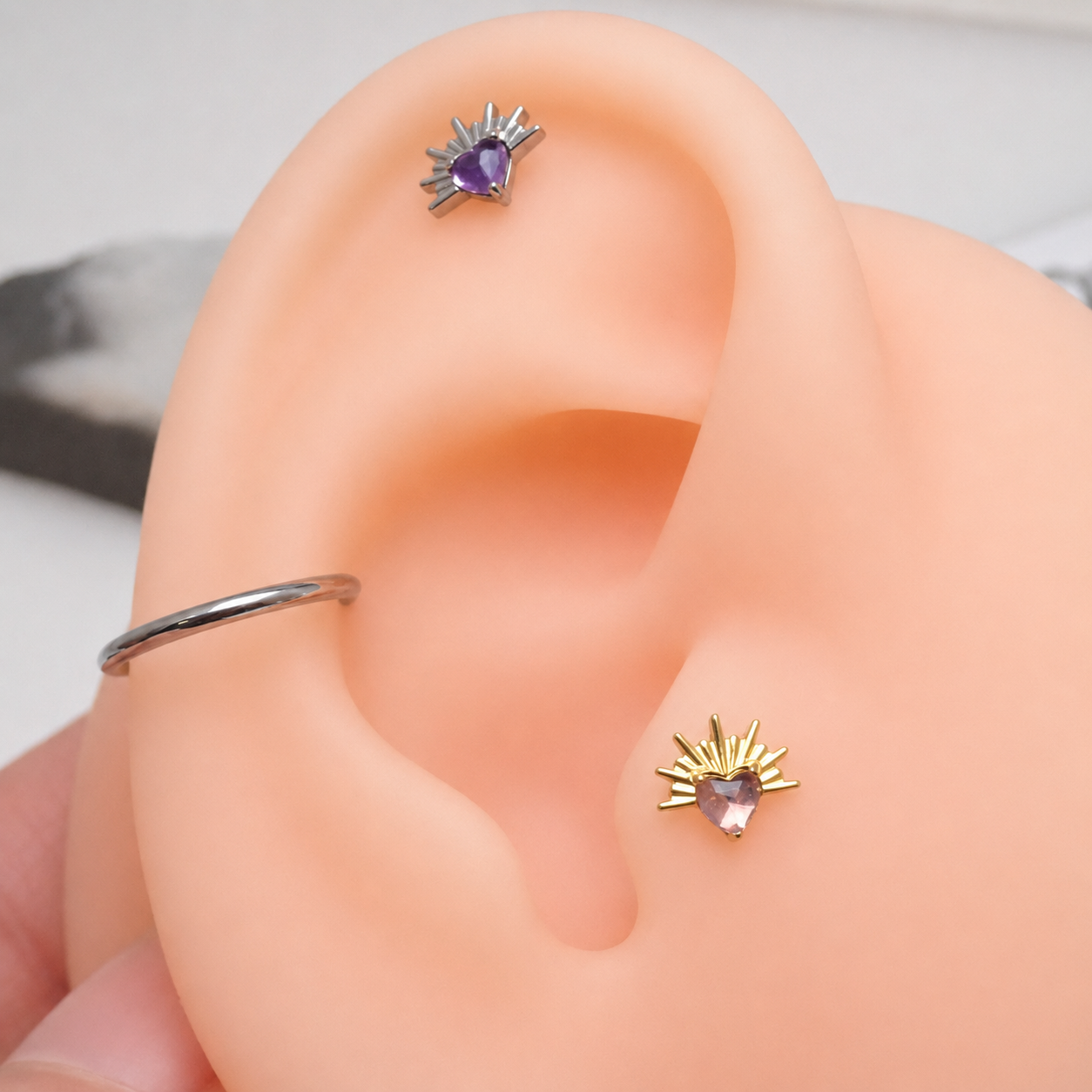 Implant Titanium Amethyst Sun Flatback Piercing, 18g/16g/14g- 0.9mm thread