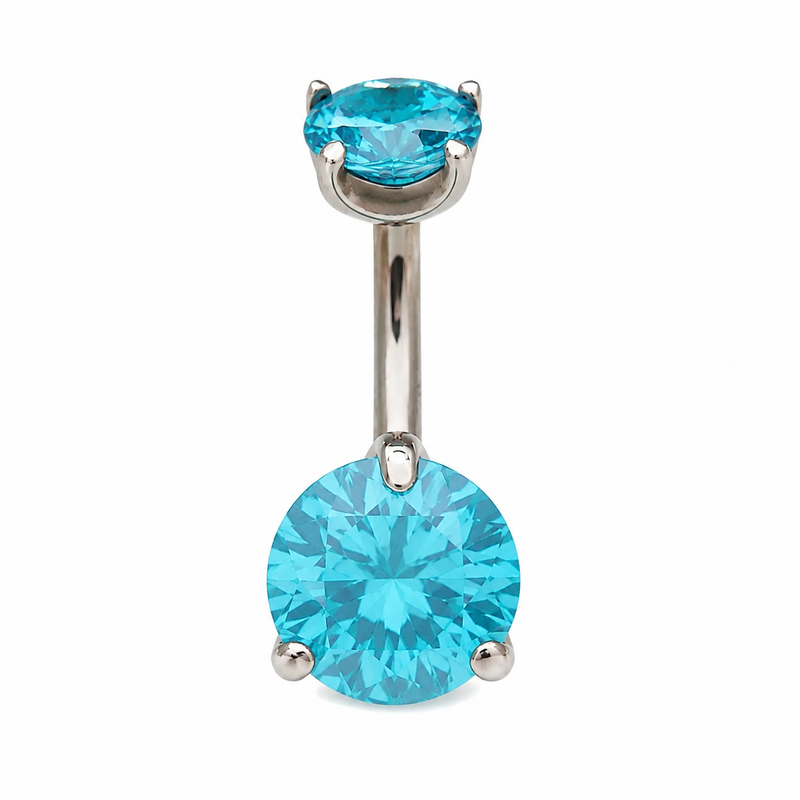 Aqua Prong CZ belly ring by Body Clickers Body Jewelry, 14g body jewelry with a 5mm top and 8mm bottom CZ stones.