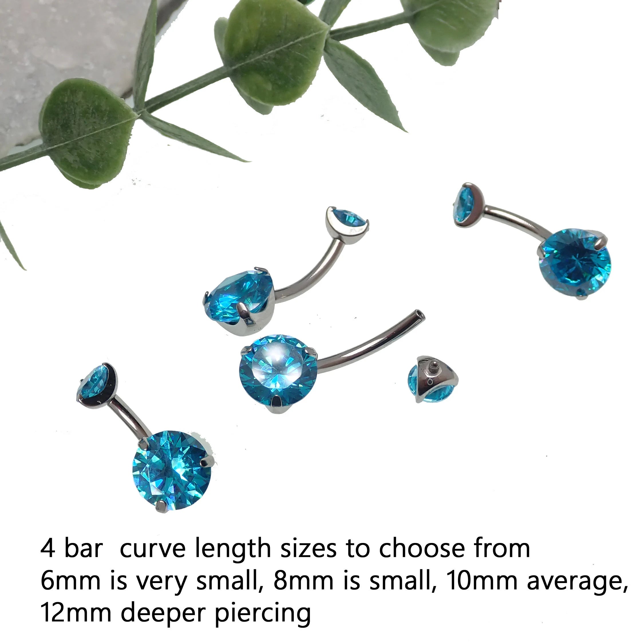 Aqua Prong CZ belly ring in 14g body jewelry with sparkling cubic zirconia stones, designed for belly piercing by Body Clickers.