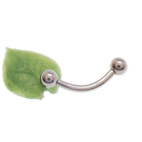 Body Clickers titanium push fit curved barbell with decorative leaf design, available in 14g, 16g, and 18g body jewelry sizes.