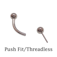 Body Clickers titanium push fit curved barbell with balls in 14g, 16g, and 18g, showcasing a sleek body jewelry design.