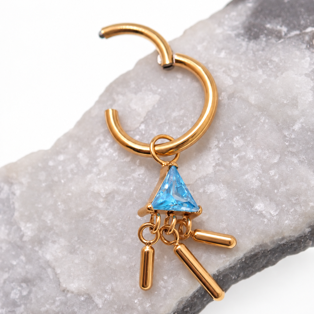 Implant Titanium PVD GOLD Clicker Hoop & Blue CZ Charm– 18g, 16g