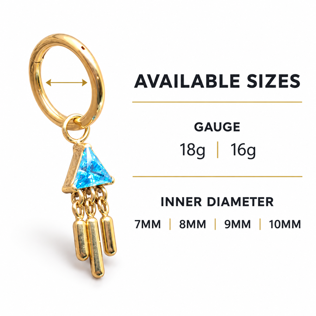 Implant Titanium PVD GOLD Clicker Hoop & Blue CZ Charm– 18g, 16g